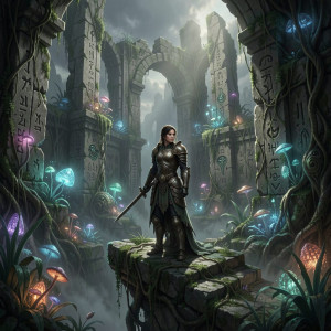 A lone woman warrior, clad in ancient, weathered armor.jpg