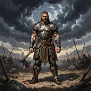 A lone barbarian warrior stands on a windswept, ancient battlefield.jpg