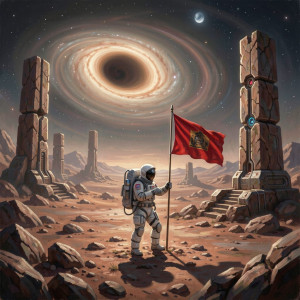An astronaut explorer planting a flag on a desolate, rocky exoplanet.jpg