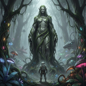 A lone astronaut discovers a colossal, overgrown statue.jpg