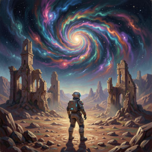 A lone astronaut stands on a desolate, alien planet, gazing at a swirling nebula in the night sky.jpg