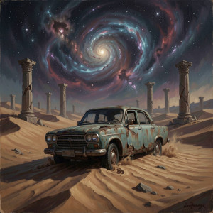 A lone, dilapidated automobile sits  in the shifting sands - F29.jpg