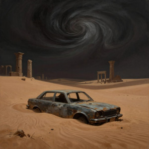 A lone, dilapidated automobile sits  in the shifting sands - Z.jpg