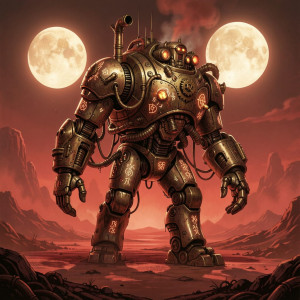 A colossal, intricately designed automaton striding across a desolate.jpg