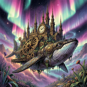 A colossal, ancient city built upon the back of a cosmic whale.jpg