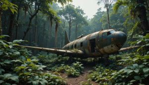 Abandoned haunted vintage fighter aircraft in African jungle - PL1.png