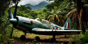 Abandoned haunted vintage fighter aircraft in African jungle - S.jpg