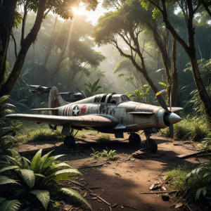 Abandoned haunted vintage fighter aircraft in African jungle - H1.png