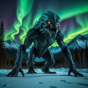 Giant alien monster in Alaskan wilderness under aurora borealis - H1.png