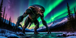 Giant alien monster in Alaskan wilderness under aurora borealis - S.jpg