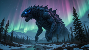 Giant alien monster in Alaskan wilderness under aurora borealis - PL1.png