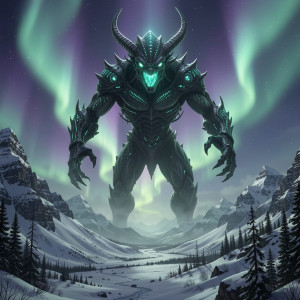 Giant alien monster in Alaskan wilderness under aurora borealis - F29.jpg