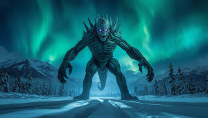 Giant alien monster in Alaskan wilderness under aurora borealis - L1.jpg