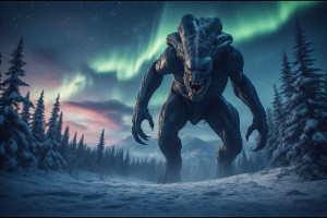 Giant alien monster in Alaskan wilderness under aurora borealis - P1.jpg