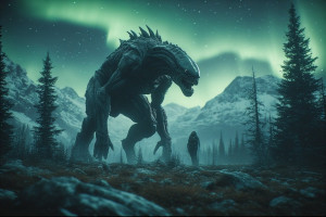 Giant alien monster in Alaskan wilderness under aurora borealis - P2.jpg