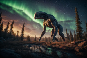 Giant alien monster in Alaskan wilderness under aurora borealis - P3.jpg
