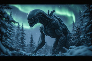Giant alien monster in Alaskan wilderness under aurora borealis - P4.jpg