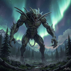 Giant alien monster in Alaskan wilderness under aurora borealis - FF.png