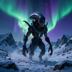 Giant alien monster in Alaskan wilderness under aurora borealis - Z.jpg