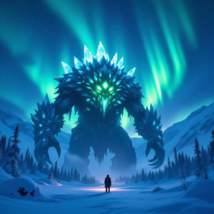 Giant alien monster in Alaskan wilderness under aurora borealis - Н11.jpg