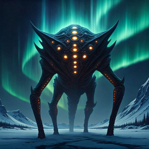 Giant alien monster in Alaskan wilderness under aurora borealis - G3.jpg
