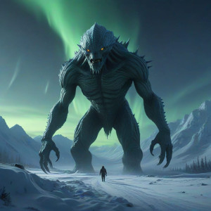 Giant alien monster in Alaskan wilderness under aurora borealis - JXI.jpg