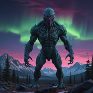 Giant alien monster in Alaskan wilderness under aurora borealis - R5.jpg