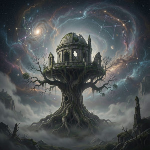 An ancient, crumbling observatory perched precariously on a colossal, gnarled tree.jpg