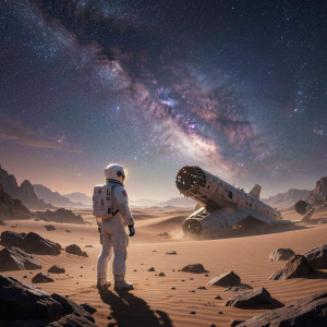 Lone astronaut stands on a desolate alien planet.jpg