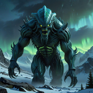 Giant alien monster in Alaskan wilderness under aurora borealis - ВXL.jpg