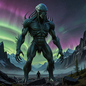 Giant alien monster in Alaskan wilderness under aurora borealis - R4.jpg