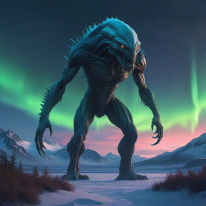 Giant alien monster in Alaskan wilderness under aurora borealis - О9.jpg