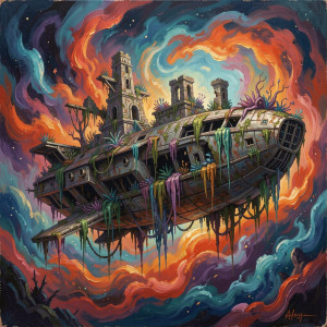 A colossal, derelict spaceship, its hull encrusted with barnacles.jpg