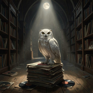 A lone, majestic owl perched on a stack of vintage vinyl records.jpg