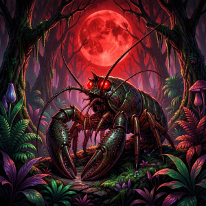 Giant menacing crawfish in prehistoric forest under blood moon - F29.jpg