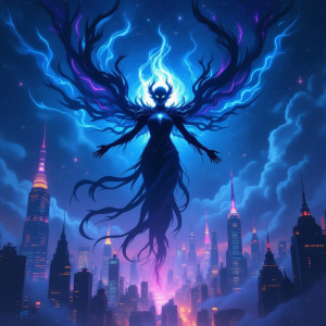 Menacing tulpa in the sky over futuristic city - Н11.jpg