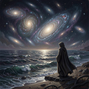 A solitary, cloaked figure stands at the edge of a swirling, nebulae-filled ocean.jpg