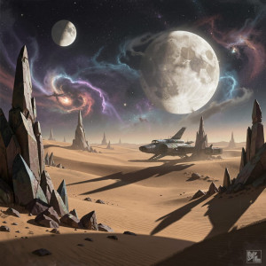 A vast, alien desert landscape under a sky filled with two moons.jpg