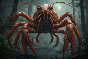 Giant menacing crawfish in prehistoric forest under blood moon - P1.jpg