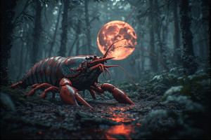 Giant menacing crawfish in prehistoric forest under blood moon - P2.jpg