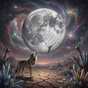 A lone wolf howls at a colossal, shattered moon.jpg