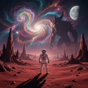 A lone astronaut stands on a desolate, crimson-dusted alien planet.jpg