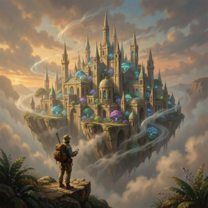 A lone explorer stands at the edge of a colossal, ancient city.jpg