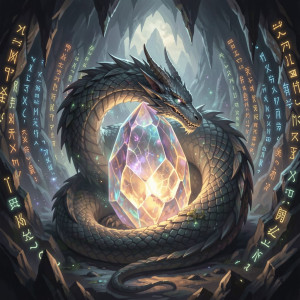 A majestic, ancient dragon sleeps coiled around a colossal, glowing geode.jpg