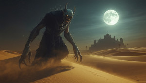 Giant menacing ghoul in Arabian desert under full moon - L.jpg