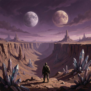 A solitary figure stands on a desolate, windswept alien planet, overlooking a vast canyon.jpg