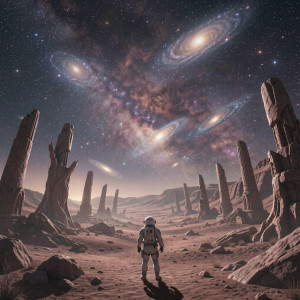 A lone astronaut stands on a desolate alien planet.jpg