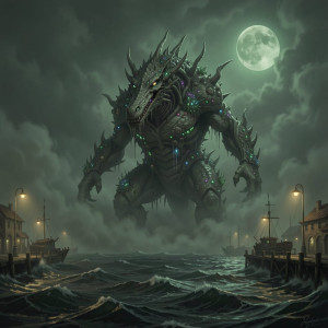 A colossal, ancient sea monster, its form shrouded in thick, swirling fog, rises from the dark.jpg
