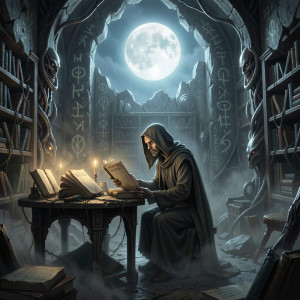 A lone scholar, bathed in the ethereal glow of an alien moon.jpg