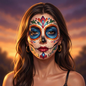 Medium shot of a beautiful woman wearing colorful Día de los Muertos face paint.jpg